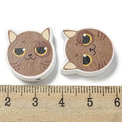 プリントウッドビーズ  猫の形  キャメル  18~18.5x19.5~20x5.5~6.5mm  穴：2~2.5mm&nbsp;WOOD-G022-27C