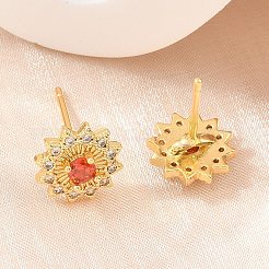 真鍮製 マイクロパヴェ キュービックジルコニア スタッドピアス 女性用  花  カドミウムフリー＆鉛フリー  長持ちメッキ  ラックめっき  18KGP本金メッキ  レッドオレンジ  9mm&nbsp;KK-A305-04G-01