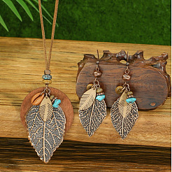 Комплекты из ожерелий и серег с подвесками из сплава листьев и дерева в богемном стиле WG5D754-01