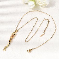 Подвеска в виде рыбьей кости из нержавеющей стали 201 с цветными кубическими циркониями&nbsp;NJEW-C111-02A-G