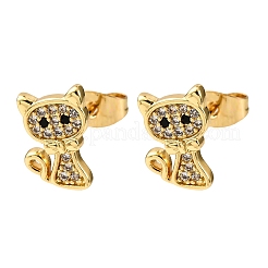 Серьги-гвоздики в форме кошки с микропаве из кубических цирконий из латуни&nbsp;EJEW-K267-30G