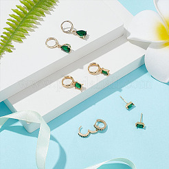 4ペア4スタイルのグリーンキュービックジルコニアティアドロップダングルフレンチフックピアス＆長方形スタッドピアス＆フープピアス  女性のための金合金ジュエリー  ゴールドカラー  8~25.5mm  ピン：0.7~0.9mm  1ペア/スタイル&nbsp;EJEW-AN0001-91