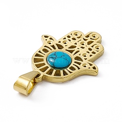 合成ターコイズペンダント  hamsa hand/hand of miriam チャーム  宗教  PVD真空メッキ304ステンレス鋼製金具  ゴールドカラー  25x20x3mm  穴：7.5x4mm&nbsp;STAS-P315-11G