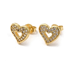 クリアキュービックジルコニア中空ハートスタッドピアス  女性のためのラックメッキ真鍮ジュエリー  カドミウムフリー＆鉛フリー  ミックスカラー  9x10mm  ピン：0.7mm&nbsp;EJEW-F301-04