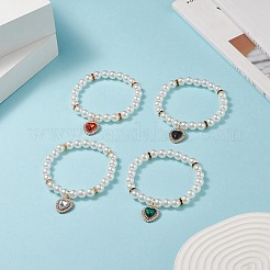 女性用合金ラインストーンハートチャーム付きアクリルパールラウンドビーズストレッチブレスレット  ミックスカラー  内径：2~2-1/8インチ（5~5.5cm）&nbsp;BJEW-JB09232