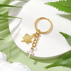 メープルリーフ＆クロス合金エナメルチャームキーホルダー  金色の鉄製リング付き  ホワイト  6.7cm&nbsp;KEYC-JKC00985-02
