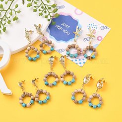 オーシャンテーマアロイダングルスタッドピアス  丸い天然木ビーズ付き  合成ターコイズビーズ  真鍮とプラスチック製のピアスキャッチ  混合図形  ゴールドカラー  43~56mm  ピン：0.5mm&nbsp;EJEW-JE04376