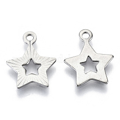 変色しない201ステンレススチールペンダント  レーザー切断  中空  スター  ステンレス鋼色  13x10.5x0.8mm  穴：1.4mm&nbsp;STAS-R116-045