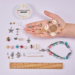 DIYオーシャンテーマアンクレット作成キット  合成ターコイズ＆カウリーシェル＆ガラスシードビーズを含む  合金ビーズ＆ペンダント＆クラスプ  アイアン丸カン＆リボンクリンプエンド  真鍮のエンドチェーン  ナイロン＆伸縮性糸  ミックスカラー  ペンダント：8個/箱&nbsp;DIY-SZ0007-23