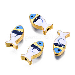 ラックメッキ合金エナメルビーズ  カドミウムフリー＆鉛フリー  魚  ライトゴールド  プルシアンブルー  17x8x4.5mm  穴：1.8mm&nbsp;X-PALLOY-N157-046E