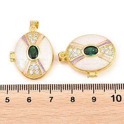 真鍮製ロケットペンダント  エナメル、ガラス、キュービックジルコニア付き  カドミウムフリー＆鉛フリー  18KGP本金メッキ  ラックめっき  長持ちメッキ  楕円形のチャーム  ホワイト  26.5x21x9mm  穴：3x5mm&nbsp;KK-D232-12G-01A