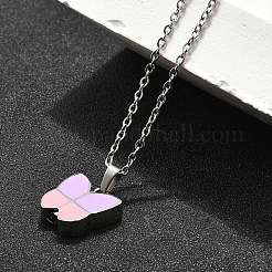 Ожерелья с подвеской в виде гроба-бабочки из нержавеющей стали 304 с сиреневой и розовой эмалью NJEW-V002-01P