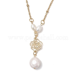 Женские ожерелья-спутники из нержавеющей стали 304 с плоским круглым кулоном в форме цветка из натурального жемчуга Кеши NJEW-JN05619