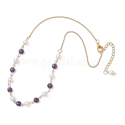 Женские ожерелья из круглых бусин с ракушечным жемчугом и натуральным аметистом NJEW-JN05635