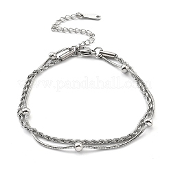 304ステンレススチールロープチェーンブレスレット  女性用二重ブレスレット  ラウンド  ステンレス鋼色  長さ6-7/8インチ(17.5cm)+62mmエクステンダー&nbsp;BJEW-R003-04P-02
