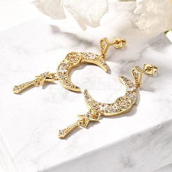 Серьги-гвоздики с подвесками из лунной латуни с микропаве из прозрачных кубических цирконий&nbsp;EJEW-C126-10G