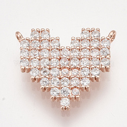 Ottone micro spianare pendenti zirconi, cuore, chiaro, oro roso, 14.5x16.5x2mm, Foro: 1 mm