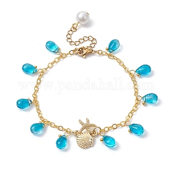 Forma di conchiglia di stella marina in lega con braccialetti con ciondoli a goccia in vetro, con catene in ottone, per donne, oro, 7-1/4 pollice (18.5 cm)