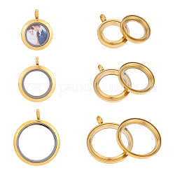 Unicraftale 3Pcs 3 Style 304 Stainless Steel Locket Pendants, with Glass, DIY Accessories for Jewelry Pendant Making, Flat Round Charm, Golden, 25.5~36x19.5~29.5x4~6mm, Hole: 4~5mm, 1pc/style