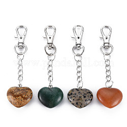 Брелок из натурального смешанного драгоценного камня, с латунными застежками-карабинами и железными цепочками, сердце, платина, 80~86 мм