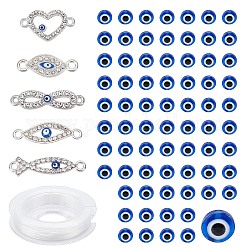 SUNNYCLUE DIY Jewelry Making Kit, Including 5Pcs 5 Style Alloy Rhinestone Evil Eye Links/Connectors, 150Pcs Flat Round Resin Beads, Elastic Thread, Blue, 12~28x7.5~20.5x2~3.5mm, Hole: 1.8~2mm, 155pcs