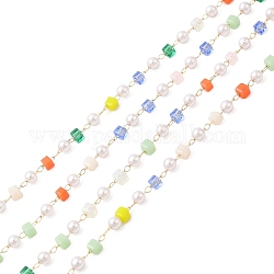 Cadenas de cuentas de perlas de imitación de plástico ABS y vidrio cubo facetado, con oro claro 304 fornituras de acero inoxidable, soldada, colorido, 4x2.5mm, 4x2.5x2.5mm