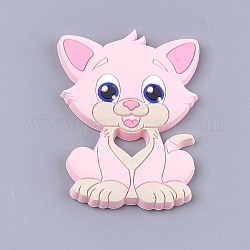 Food Grade Eco-Friendly Silicone Kitten Cabochons, Chewing Beads For Teethers, DIY Nursing Necklaces Making, Cartoon Cat, Pink, 90~91x64x9.5mm
