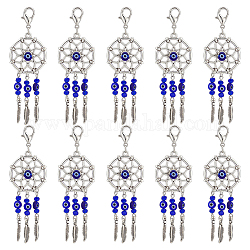 Nbeads 24Pcs Woven Net/Web with Feather Tibetan Style Alloy Pendant Decorations, with Handmade Evil Eye Lampwork Bead & Alloy Lobster Claw Clasps, Clip-on Charms, Blue, 90mm