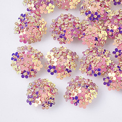 Cabochons paillette pvc, perles de cluster, avec des perles de rocaille en verre et des supports de disques perforés en laiton plaqué or, fleur, rose brumeuse, 20~23x10~11mm