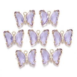 Glass Pendants, with Micro Pave Cubic Zirconia and Brass Open Back Settings, Faceted, Butterfly, Light Gold, Lilac, 15.5x20x4mm, Hole: 1.8mm