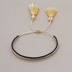 Bracelet tressé en perles de rocaille miyuki avec double pompon, bracelet d'amitié multi-rangs pour femme, noir, 11 pouce (28 cm)