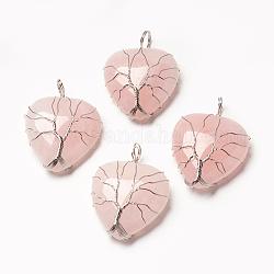 Pendentifs de quartz rose naturel, avec les accessoires en laiton, cœur, platine, 39~42x30~31x10~11mm, Trou: 5mm