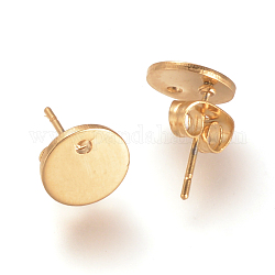304 Stainless Steel Stud Earring Findings, with Loop and Ear Nuts, Flat Round, Real 18K Gold Plated, 8mm, Hole: 1.5mm, Pin: 0.8mm