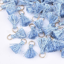 Pendentifs pompon polyeter, avec cordon métallique et anneaux de fer, or, lumière bleu ciel, 10~15x5~8mm, Trou: 3.5mm