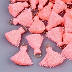 Quastenanhänger aus Polycotton (Polyester-Baumwolle), mit  eisernem Zubehör, kantille, Licht Gold, Licht Korallen, 20~30x7~8 mm, Bohrung: 5 mm