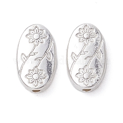 Perles en alliage, Plaqué longue durée, ovale avec des fleurs, couleur d'argent, 11x6.5x2.5mm, Trou: 1.2mm