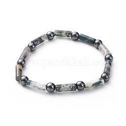Natural Moss Agate & Non-Magnetic Synthetic Hematite Beads Stretch Bracelets, Column and Round, 2-3/8 inch(6cm)