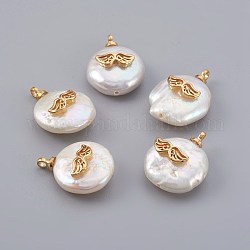 Natural Cultured Freshwater Pearl Pendants, with Brass Findings, Long-Lasting Plated, Wing, Real 18K Gold Plated, 14~21x9~16x5~9mm, Hole: 1.5mm