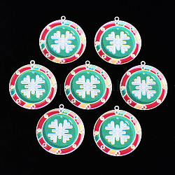Spruzzare pendenti in ottone verniciato, con stampato, per Natale, piatta e rotonda con fiocco di neve, verde mare, 33x30x0.4mm, Foro: 1.6 mm