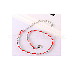 Rhodium Plated 925 Sterling Silver Bracelets, with Leather Cord, Red, Platinum