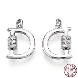Rhodium Plated 925 Sterling Silver Micro Pave Cubic Zirconia Charms, Initial Letter D, Nickel Free, Real Platinum Plated, 12x9.5x3mm, Hole: 1.2mm