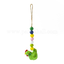 Décorations pendentif coq en plastique thème pâques, avec corde de chanvre & perles en bois, vert jaune, 240mm