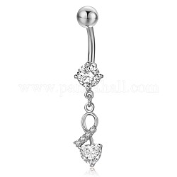 Piercing Jewelry, Brass Cubic Zirciona Navel Ring, Belly Rings, with 304 Stainless Steel Bar, Lead Free & Cadmium Free, Heart, Clear, 42mm, Pendant: 20.5x8mm, Bar: 14 Gauge(1.6mm), Bar Length: 3/8