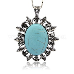Antique Silver Tone Alloy Synthetic Turquoise Big Pendants, Oval Big Pendants with Rose Flower, Sky Blue, 65x54x9mm, Hole: 4x8mm