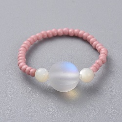 Glass Seed Beads Stretch Rings, with Frosted Synthetic Moonstone Beads and Sea Shell Beads, Round, Pink, Size 10, 20mm