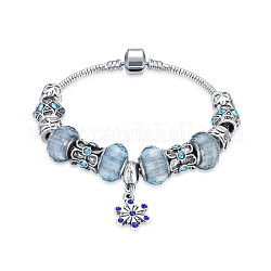 Bracelets de style européen en alliage de zinc, avec des perles européennes strass et lampwork, fleur, bleu clair, argent antique, 7-7/8 pouces (200 mm)