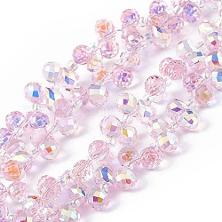 Trasparenti perle di vetro placca fili, sfaccettato, goccia superiore forata, ab colore placcato, perla rosa, 8x6~6.5mm, Foro: 0.8 mm, circa 98~100pcs/filo, 18.90~26.77 pollice (48~68 cm)