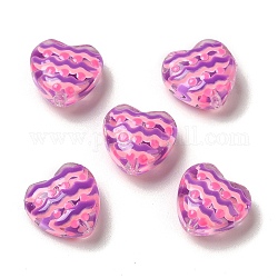 Perles en verre transparentes, avec motif de vagues en émail, cœur, violette, 12x12x6.5mm, Trou: 1mm