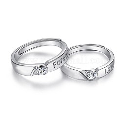 Per sempre l'amante che abbina gli anelli regolabili per le coppie, cuore 925 anello in argento sterling con micro pavè di zirconi cubici, chiaro, platino, 2 pc / set