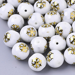 Perles de verre opaque de Noël, rond avec motif de flocon de neige galvanoplastie, plaqué or, 10mm, Trou: 1.2mm